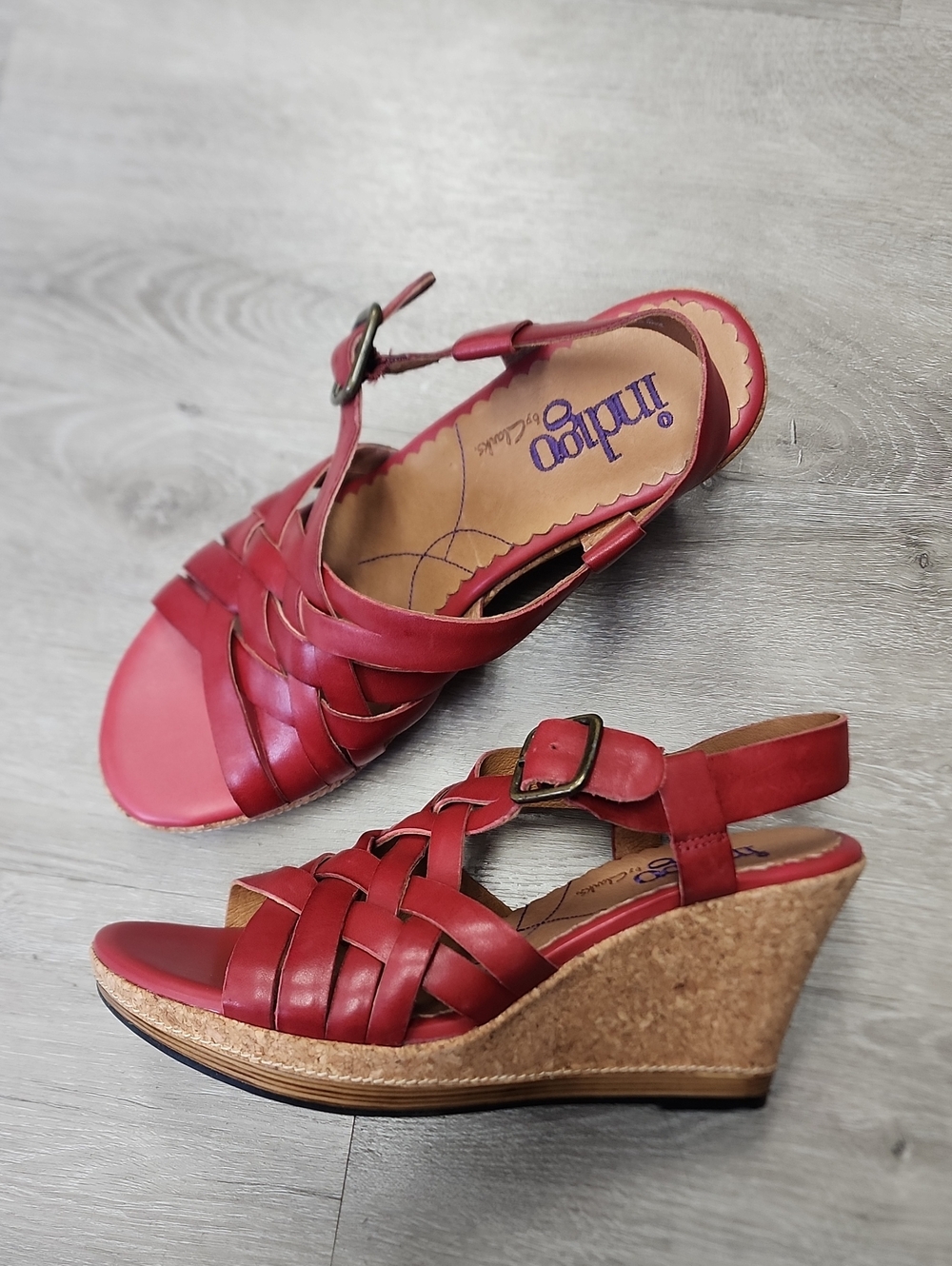 Indigo Red Woven Leather Wedge Sandals with Buckle